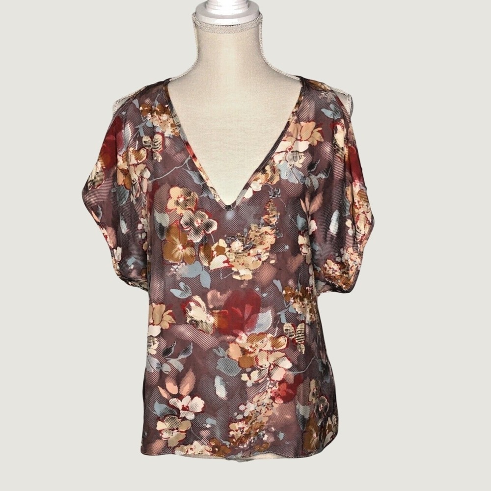 Parker Floral Silk Cold Shoulder Blouse Small Brown Boho Chic Designer Top